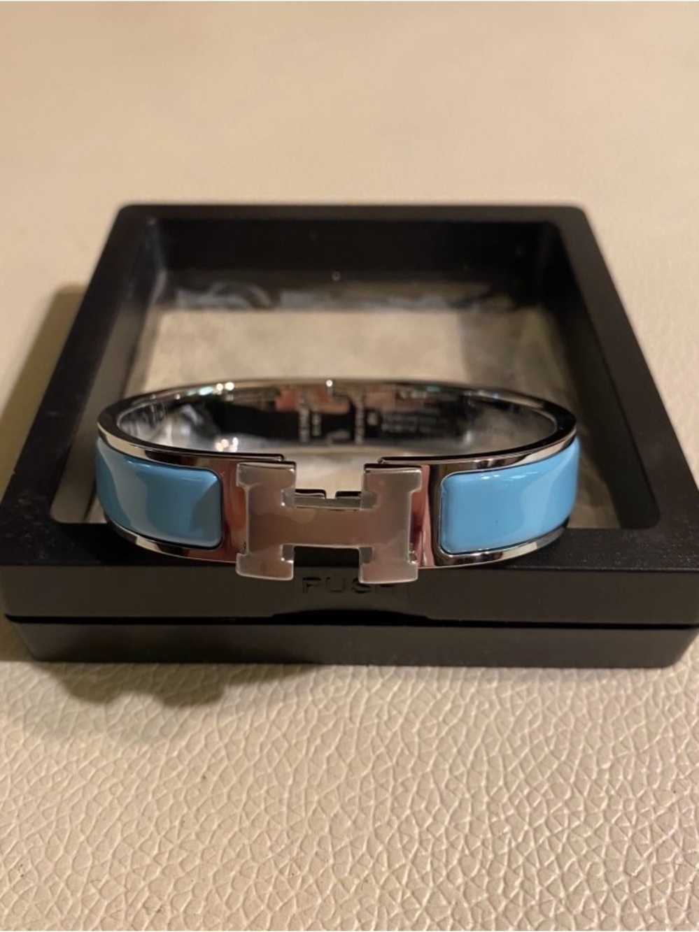 Hermes 12mm Blue Enamel Silver Bracelet H Turn Logo Clasp